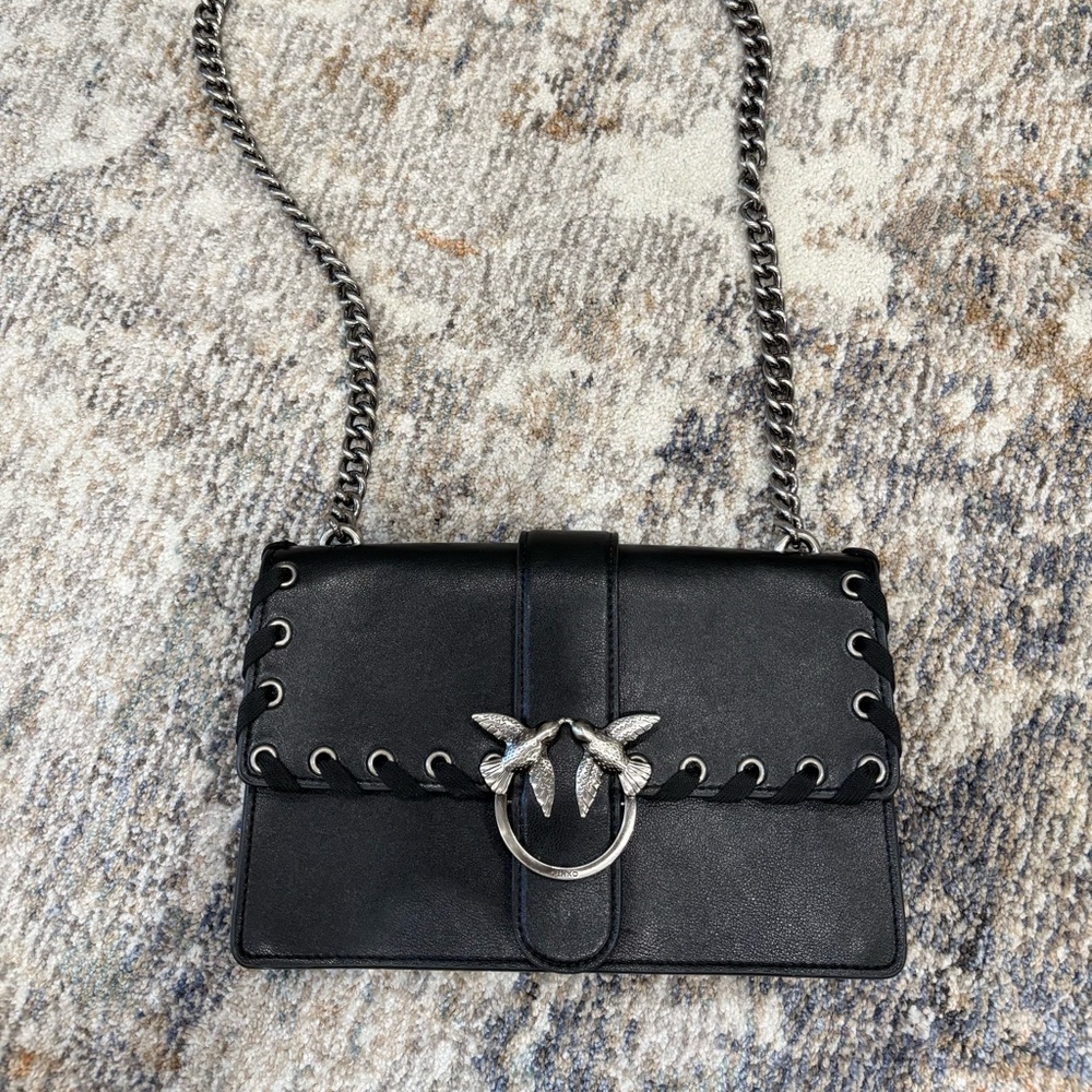 Pinko Love Laces Shoulder Bag Black with Silver Chain